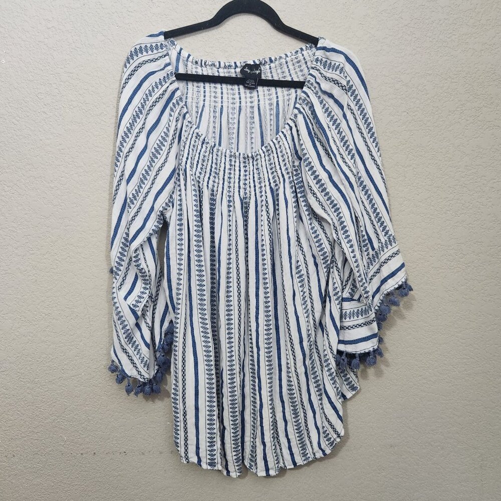 Step N Style Tunic Top Womens 3X Blue White Striped Tassel Boho